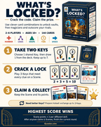 WHAT'S LOCKED? how-to-play guide showing taking key cards, combining them to crack a lock and collecting points.
