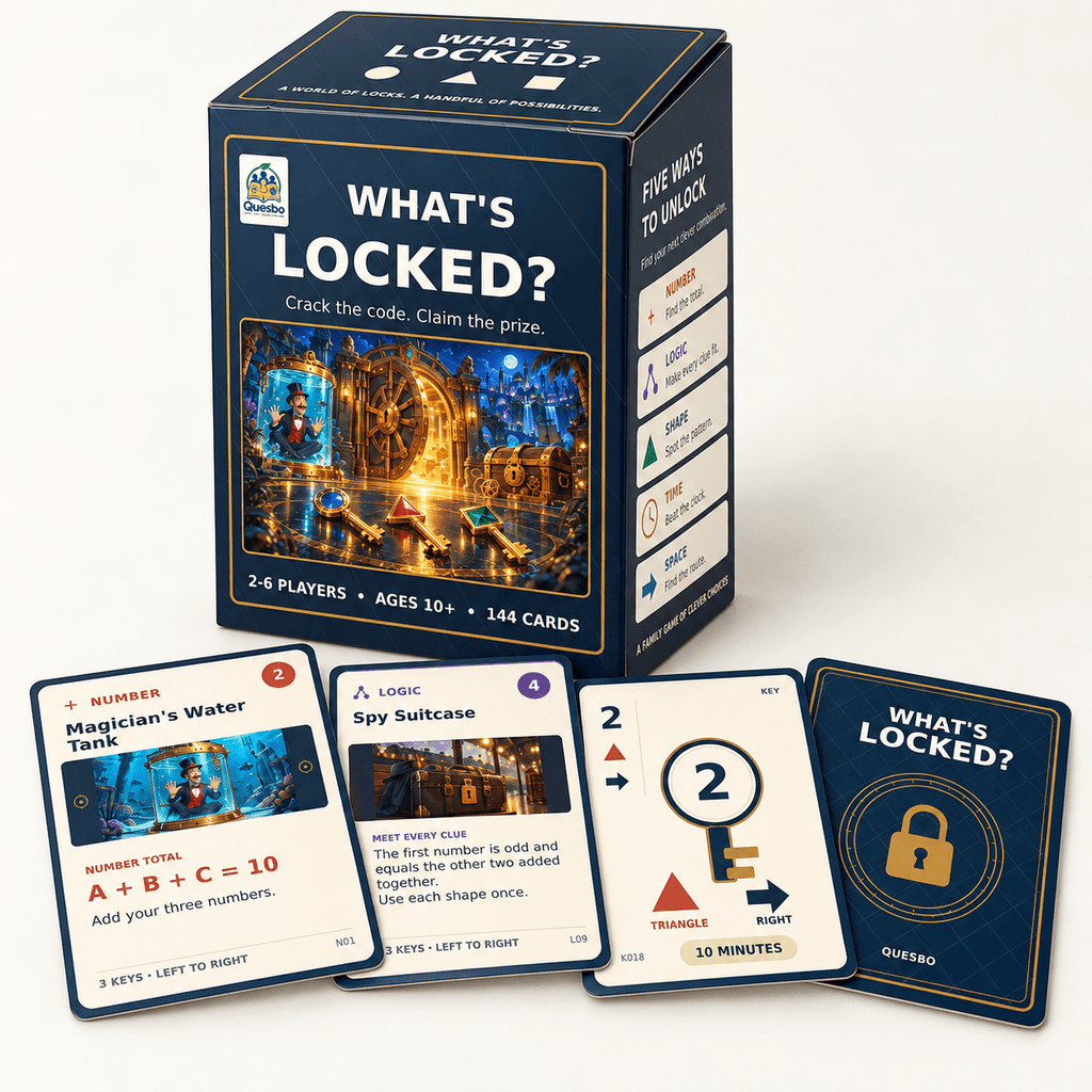 WHAT’S LOCKED? – Family Puzzle & Strategy Card Game | Ages 10+ - Quesbo