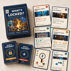 WHAT'S LOCKED? box and card backs beside puzzle cards for water tank, spy suitcase, mirror maze, train doors and rune challenges.