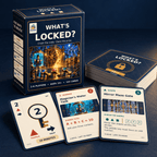 WHAT'S LOCKED? game box and deck beside a key card, Magician's Water Tank and Mirror Maze Gate puzzles.
