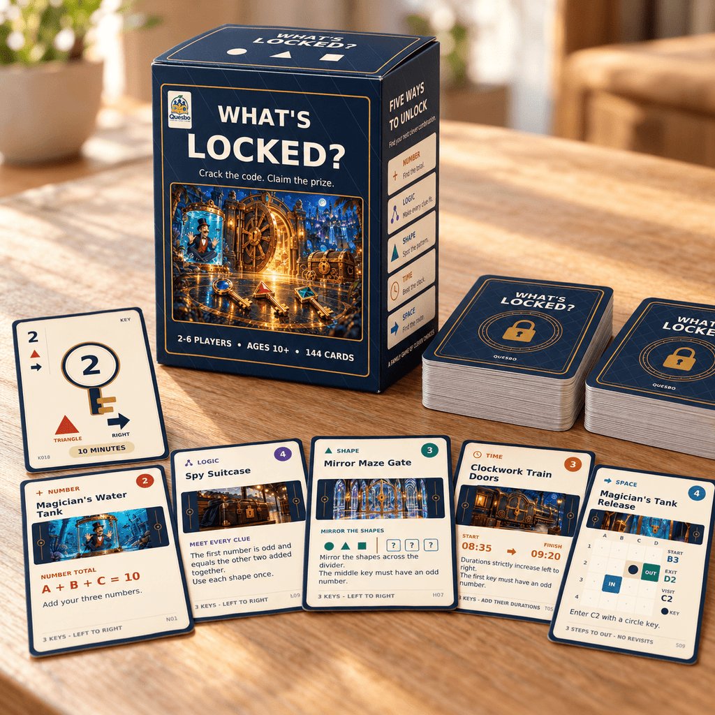 WHAT’S LOCKED? – Family Puzzle & Strategy Card Game | Ages 10+ - Quesbo