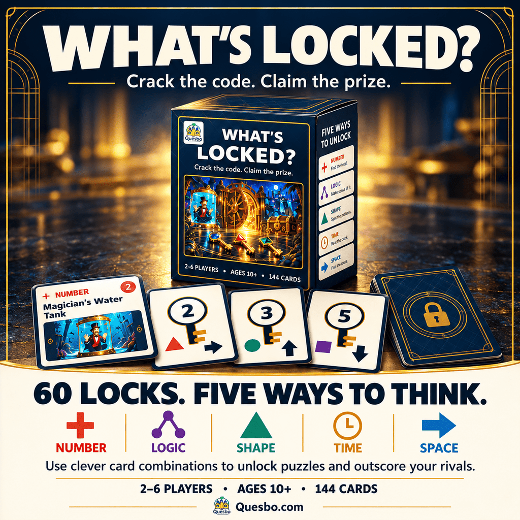 WHAT’S LOCKED? – Family Puzzle & Strategy Card Game | Ages 10+ - Quesbo
