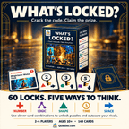 WHAT'S LOCKED? overview with the game box, a vault puzzle, numbered keys and five puzzle category symbols.