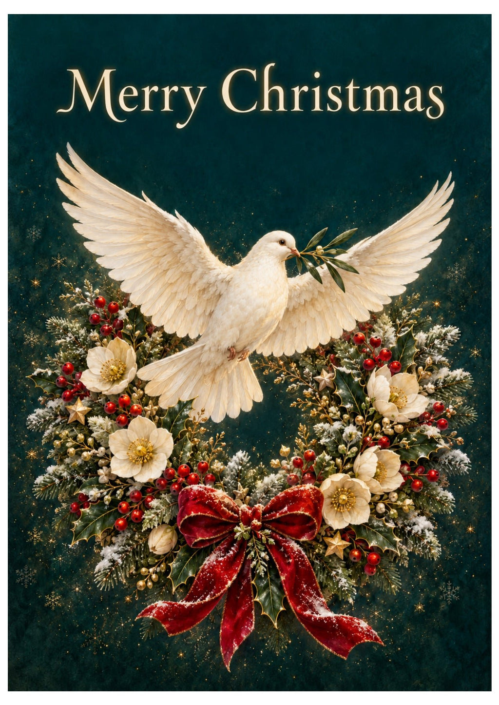 White dove themed Christmas card front.
