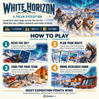 White Horizon how-to-play guide illustrating reading the sky, planning routes, caring for dogs and bringing research home.