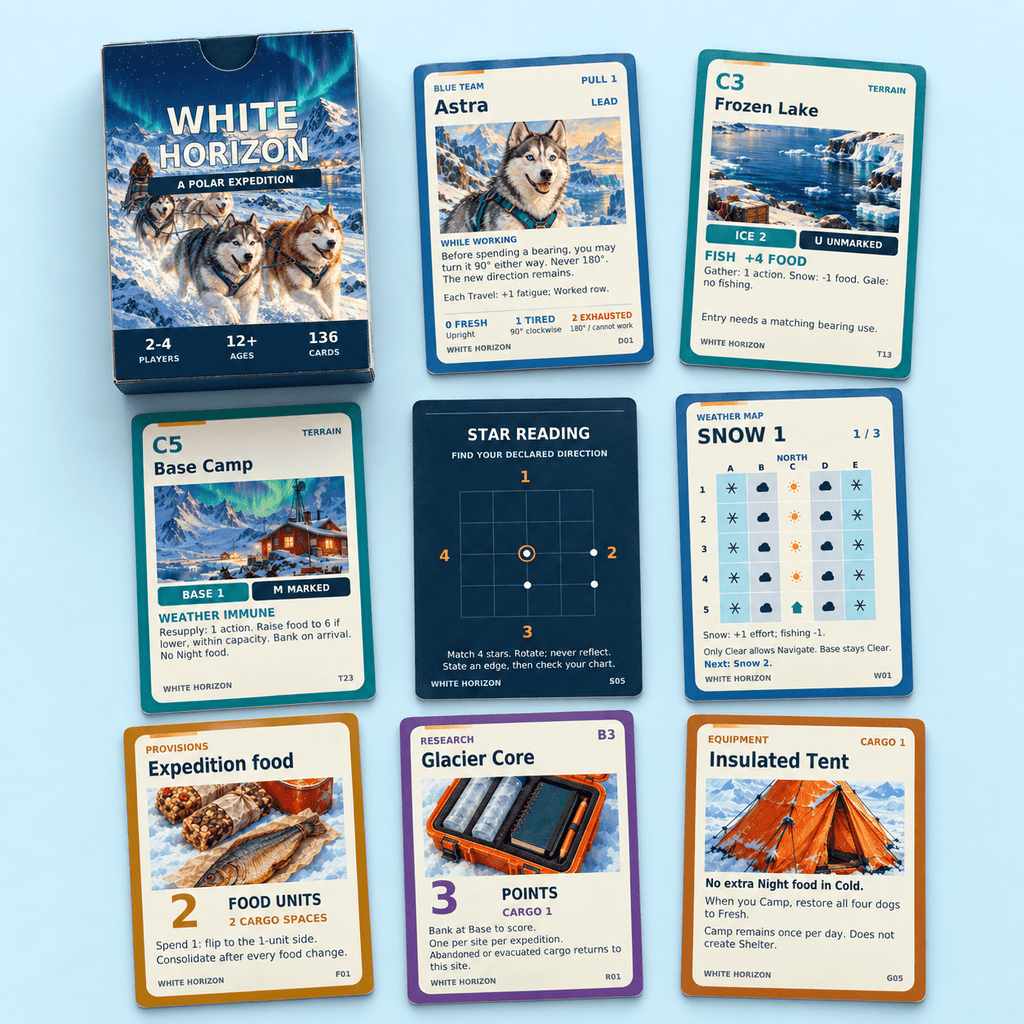 White Horizon box with dog, location, star reading, snow, food, research and insulated tent cards on blue.
