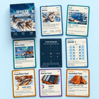 White Horizon box with dog, location, star reading, snow, food, research and insulated tent cards on blue.