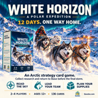 White Horizon illustrated overview showing a sled dog team crossing Arctic snow beneath mountains and northern lights.