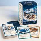 White Horizon game box beside Astra sled dog, Frozen Lake and Expedition Food cards with a star reading deck.