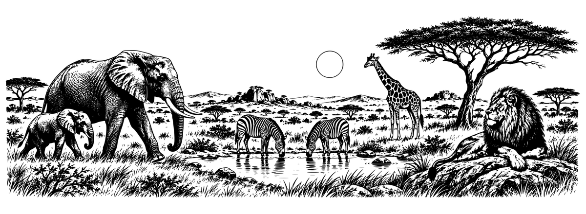 Wild Savannah panoramic engraving artwork with elephants, zebras, a giraffe, lion and acacia trees around a waterhole; artwork only
