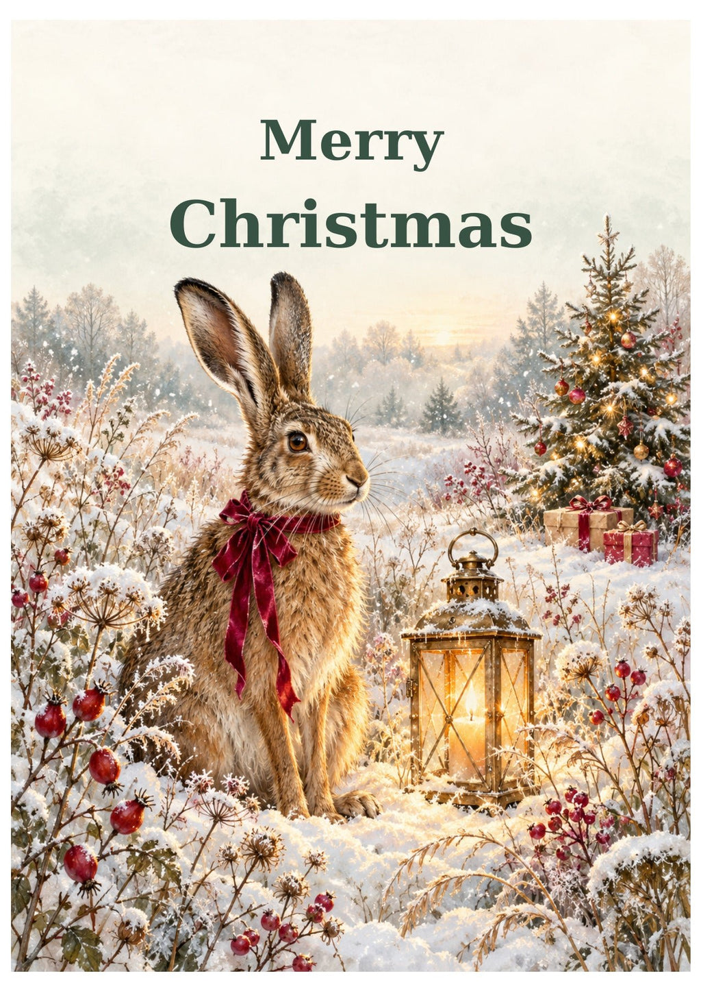 Winter hare Christmas card with Merry Christmas lettering.