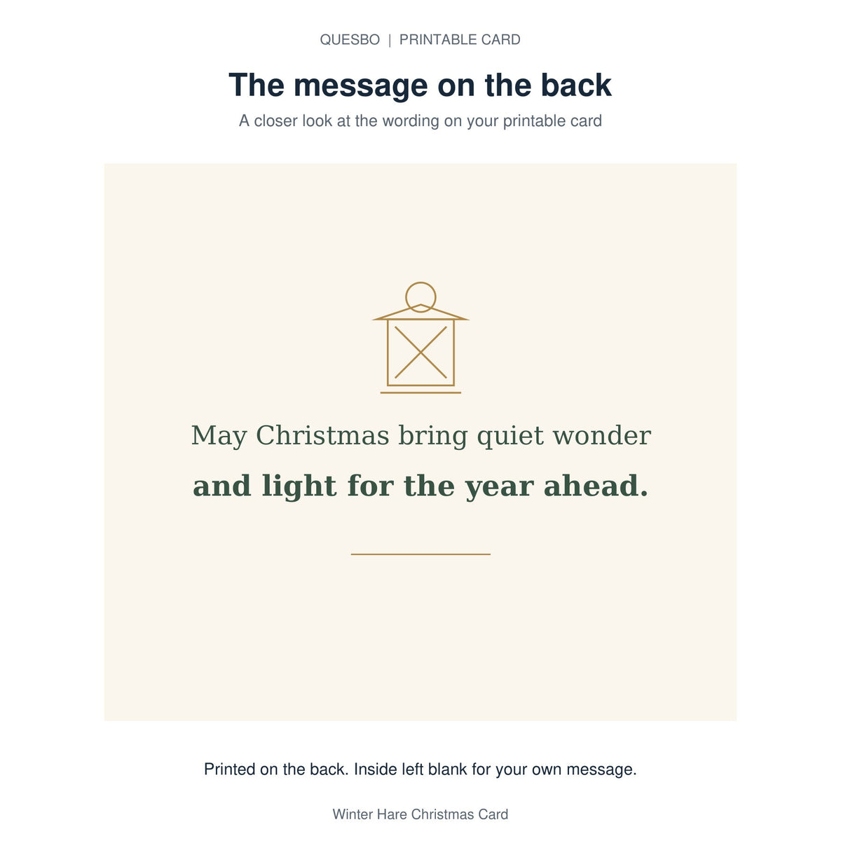 Printed message on the back of the PDF card: May Christmas bring quiet wonder and light for the year ahead. The inside is blank for your own handwritten message.