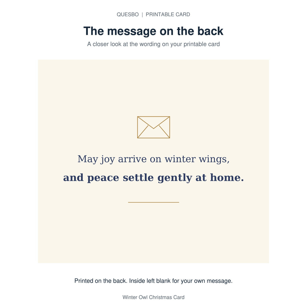 Printed message on the back of the PDF card: May joy arrive on winter wings, and peace settle gently at home. The inside is blank for your own handwritten message.