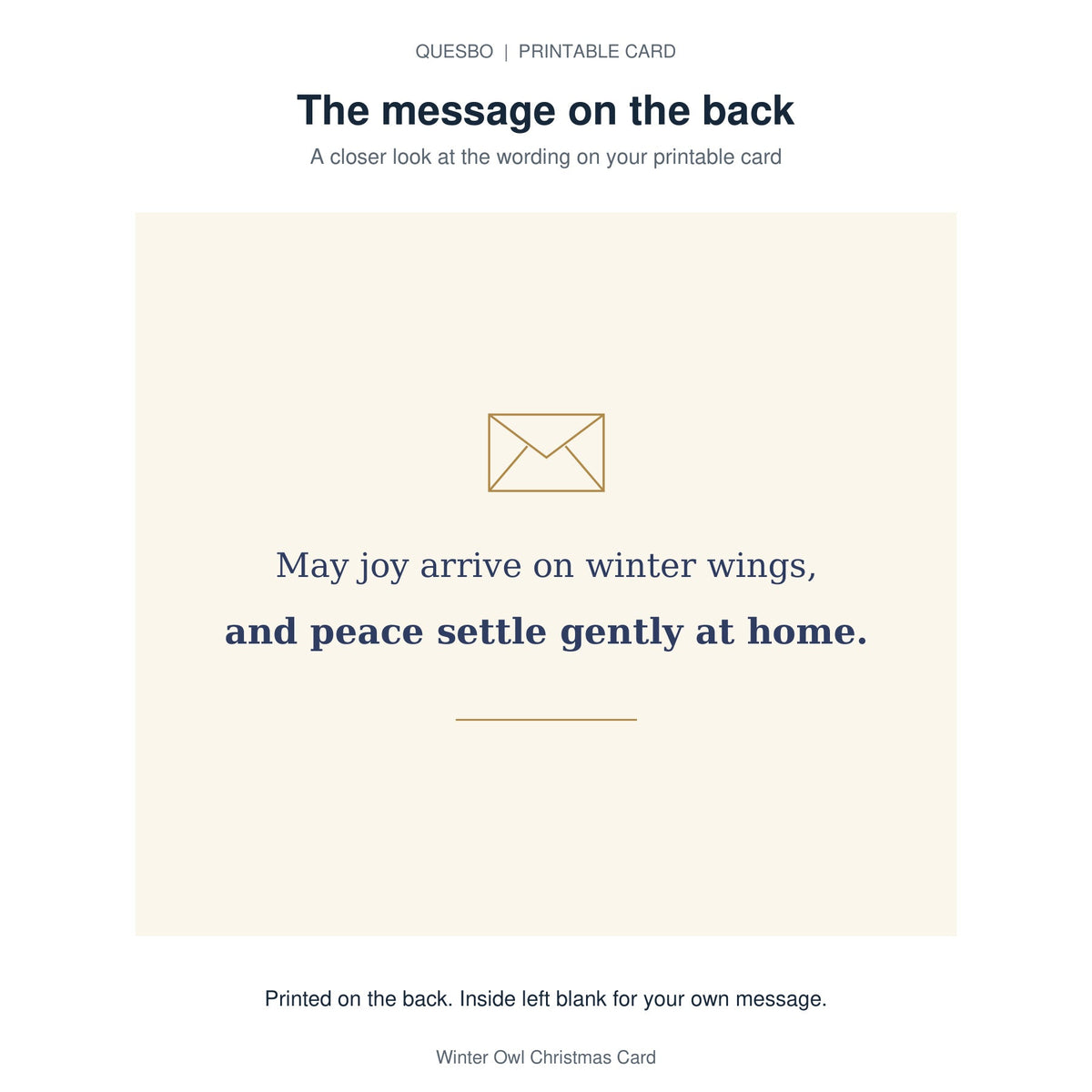 Printed message on the back of the PDF card: May joy arrive on winter wings, and peace settle gently at home. The inside is blank for your own handwritten message.