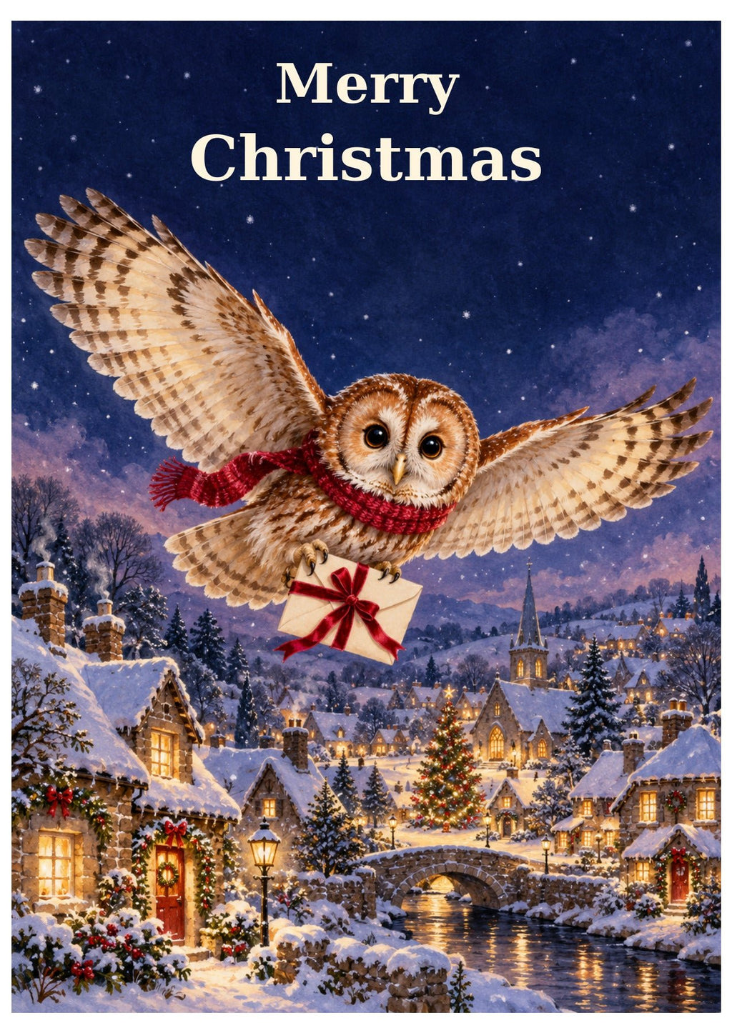 Owl flying with a wrapped present over a snowy village, with Merry Christmas lettering.