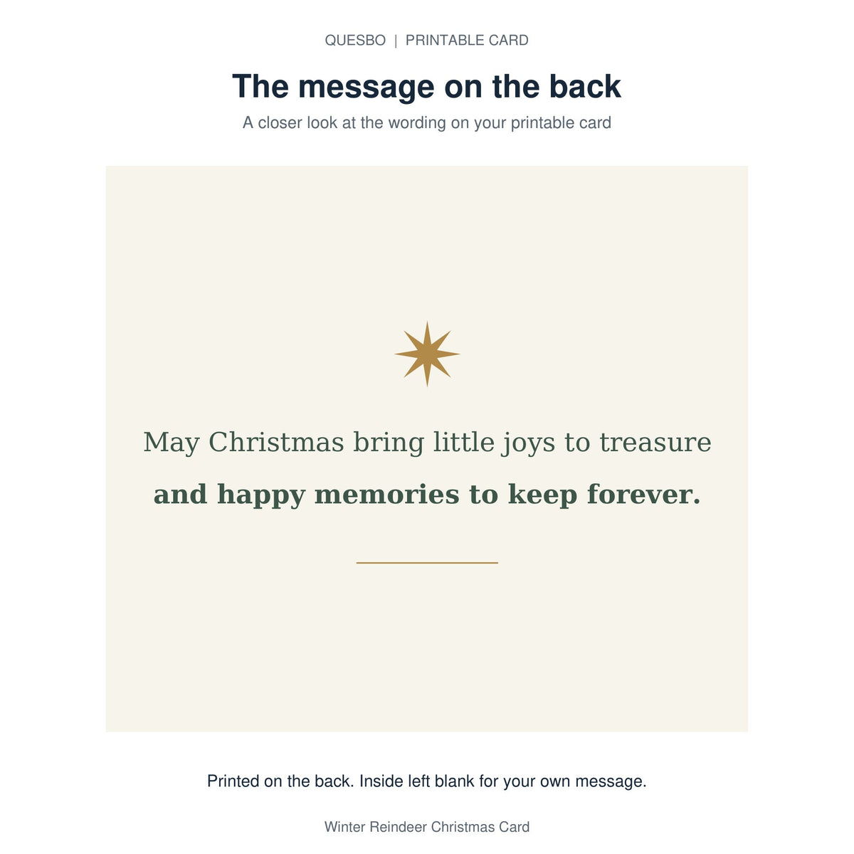 Printed message on the back of the PDF card: May Christmas bring little joys to treasure and happy memories to keep forever. The inside is blank for your own handwritten message.