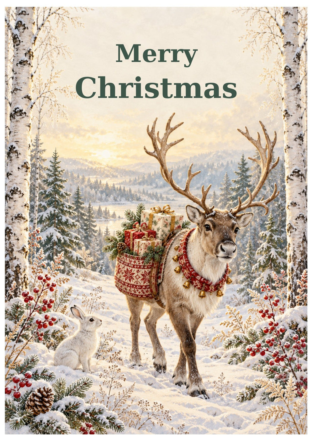 Reindeer carrying a basket of gifts through snowy woodland, beneath Merry Christmas lettering.