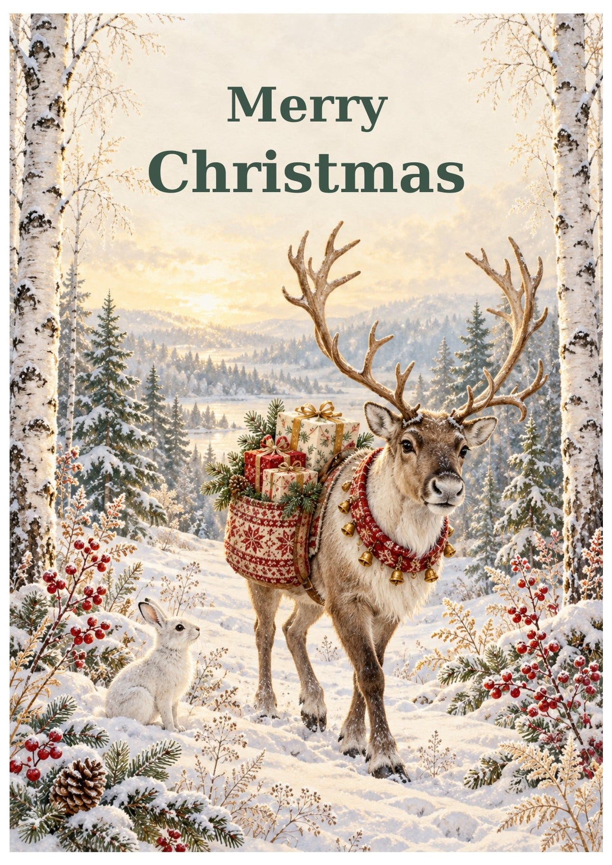 Reindeer carrying a basket of gifts through snowy woodland, beneath Merry Christmas lettering.