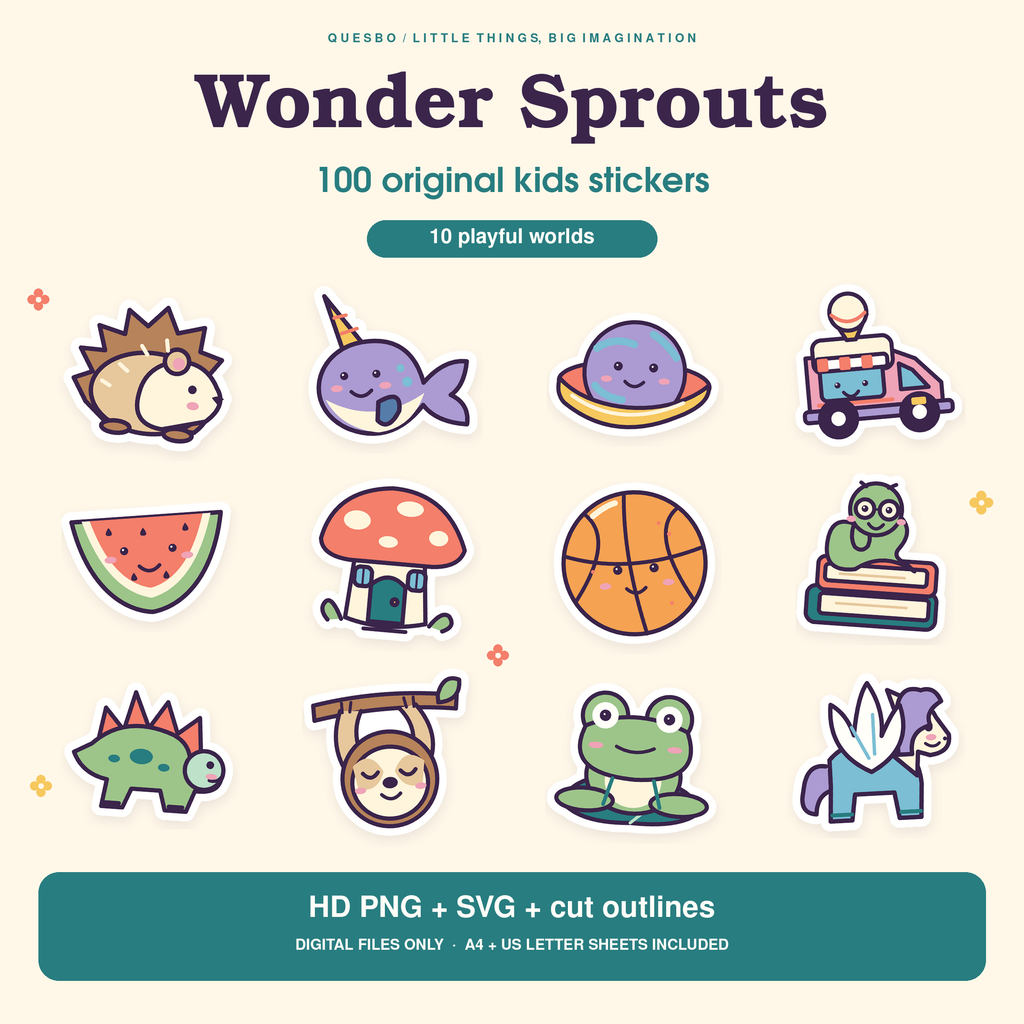 Wonder Sprouts digital bundle with 100 original kids stickers, showing twelve colourful designs, HD PNG, SVG and cut outlines.
