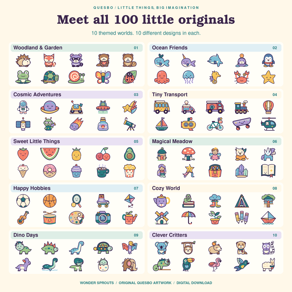 All 100 original Wonder Sprouts sticker designs, organised into ten themed worlds with ten designs in each.