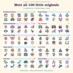 All 100 original Wonder Sprouts sticker designs, organised into ten themed worlds with ten designs in each.