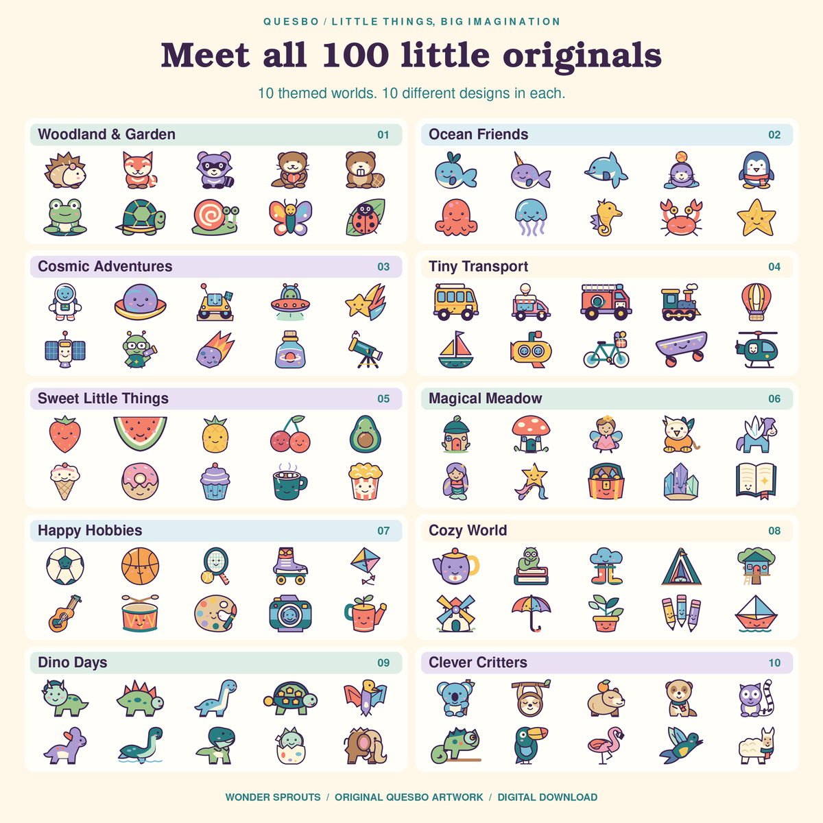 All 100 original Wonder Sprouts sticker designs, organised into ten themed worlds with ten designs in each.
