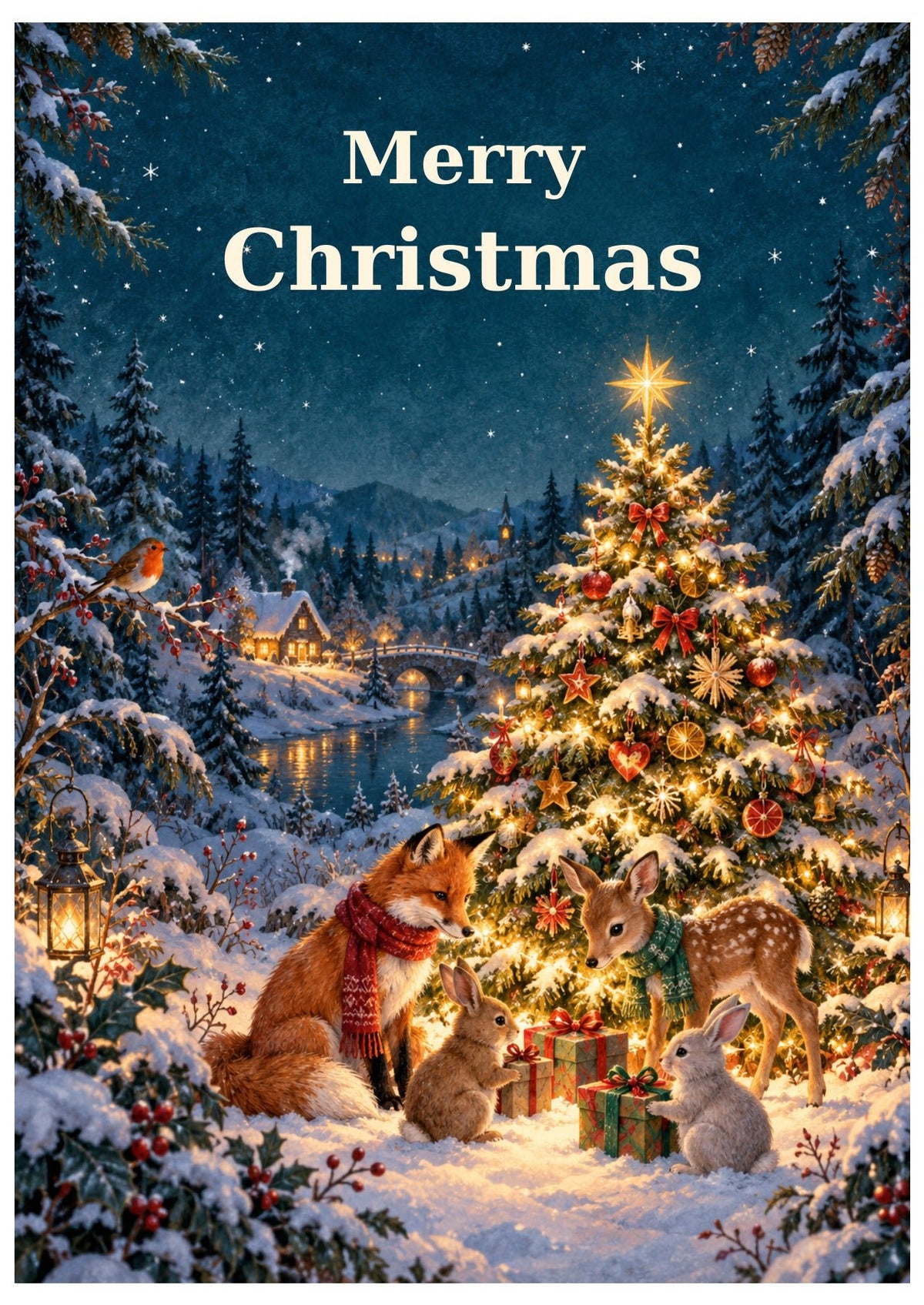 Woodland animals gathered around a glowing Christmas tree beside a snowy stream, with Merry Christmas lettering.