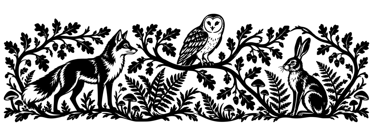 Woodland Papercut black-and-white wrap engraving artwork showing a fox, hare, owl, ferns, leaves and mushrooms; design only