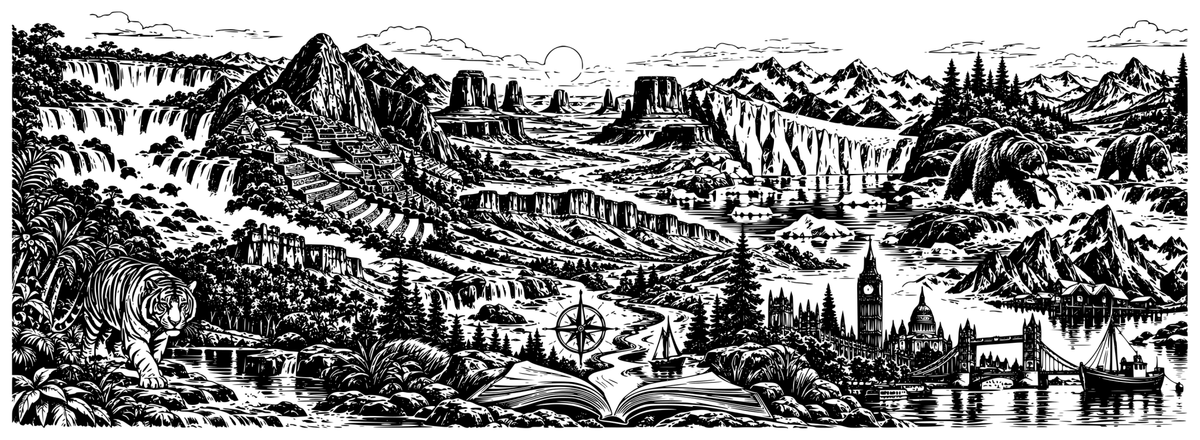 World Adventures full-wrap engraving artwork combining waterfalls, mountain landscapes, bears, a tiger, London landmarks and an open adventure book; design preview only