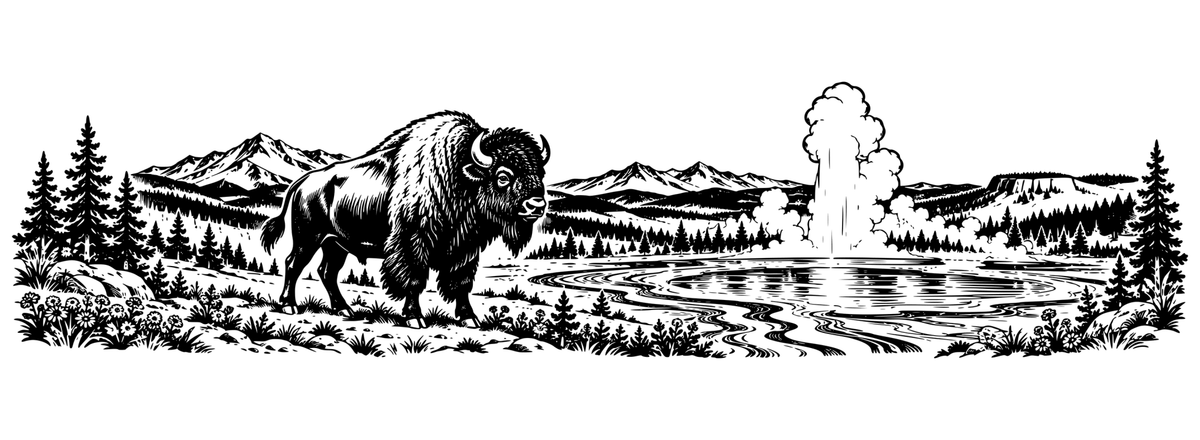 Yellowstone Geyser Bison: black-and-white panoramic laser engraving artwork, design only.