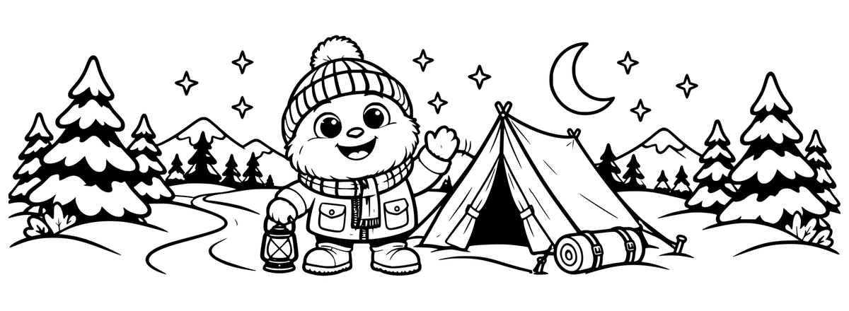 Yeti Starry Campout — flat black-and-white 360-degree laser engraving artwork. A friendly bundled-up yeti camps among fir trees beneath a moon and stars.