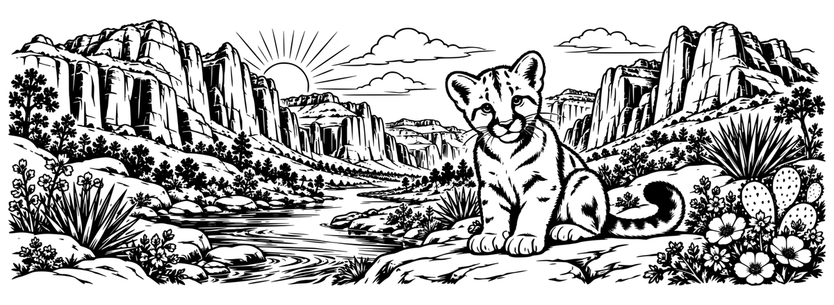 Zion Canyon Cub: black-and-white panoramic laser engraving artwork, design only.